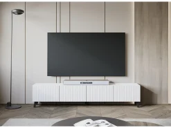 Móvel De Tv| Móvel de TV moderno 190 cm com pés para sala de estar, frentes em MDF fresadas com ranhuras largas Branco