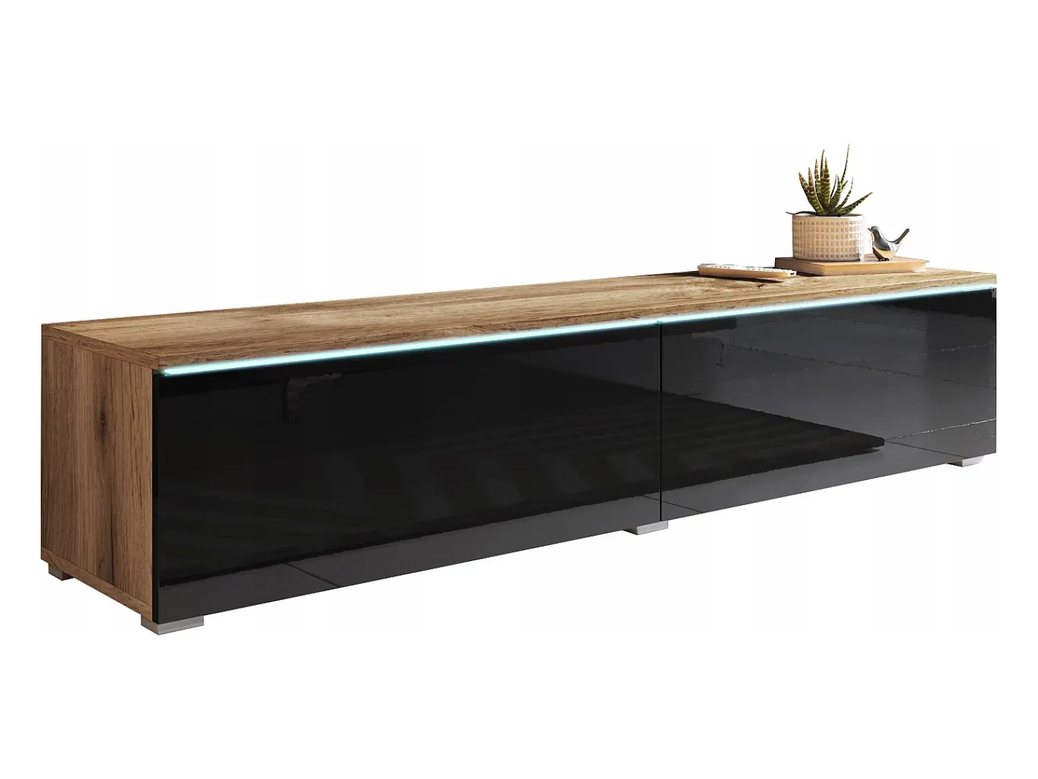 Móvel De Tv| Móvel de TV moderno 140 cm com LED 2 portas, sem puxadores, corpo carvalho wotan, frentes preto brilho, de chão ou suspenso Castanho