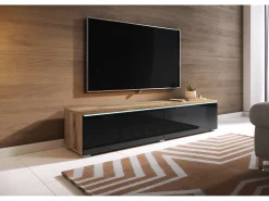 Móvel De Tv| Móvel de TV moderno 140 cm com LED 2 portas, sem puxadores, corpo carvalho wotan, frentes preto brilho, de chão ou suspenso Castanho