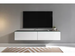 Móvel de TV moderno 140 cm com LED 2 portas, sem puxadores, corpo matera, frentes branco brilho, de chão ou suspenso^ Móvel De Tv