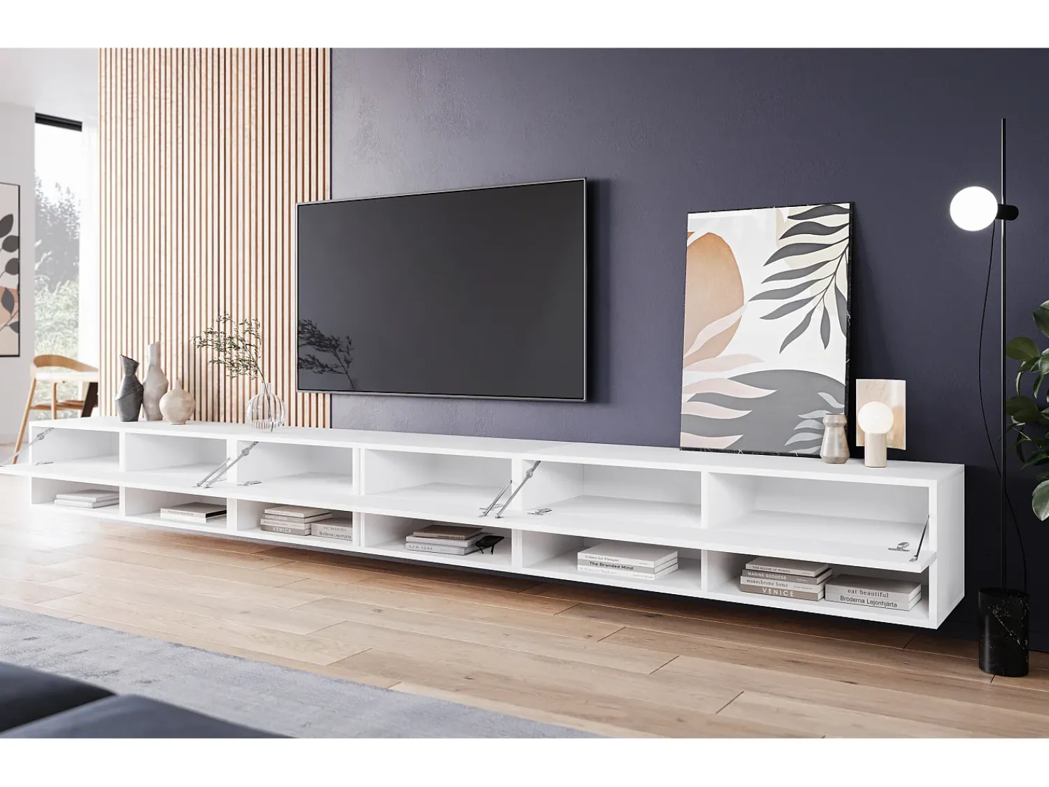 Móvel de TV moderno 300 cm com LED – sem puxadores, corpo mate, frentes brilho Polygloss, suspenso ou de pé^ Móvel De Tv