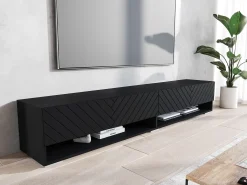 Móvel De Tv| Móvel de TV moderno 180 cm com LED – corpo mate, frentes MDF espinha de peixe, sem puxadores, suspenso ou de chão Preto
