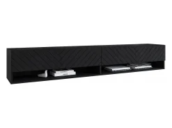 Móvel De Tv| Móvel de TV moderno 180 cm com LED – corpo mate, frentes MDF espinha de peixe, sem puxadores, suspenso ou de chão Preto