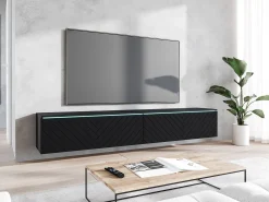 Móvel De Tv| Móvel de TV moderno 180 cm com LED para sala – 2 portas, sem puxadores, fosco, de chão ou suspenso, frentes MDF espinha de peixe Preto