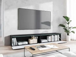 Móvel De Tv| Móvel de TV moderno 180 cm com LED para sala – 2 portas, sem puxadores, fosco, de chão ou suspenso, frentes MDF espinha de peixe Preto