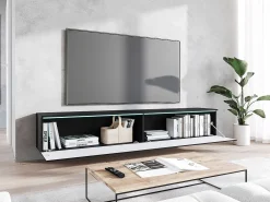 Móvel De Tv| Móvel de TV moderno 180 cm com LED para sala – 2 portas, sem puxadores, fosco, de chão ou suspenso, frentes MDF espinha de peixe Preto