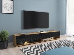 Móvel de TV moderno 180 cm com LED sem puxadores – corpo carvalho Wotan frentes preto brilho suspenso ou de chão^ Móvel De Tv