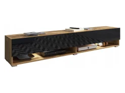 Móvel de TV moderno 180 cm com LED sem puxadores – corpo carvalho Wotan frentes preto brilho suspenso ou de chão^ Móvel De Tv