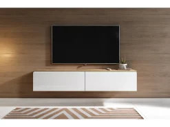Outlet Móvel de TV moderno 140 cm com LED 2 portas, sem puxadores, corpo carvalho wotan, frentes branco brilho, de chão ou suspenso Castanho