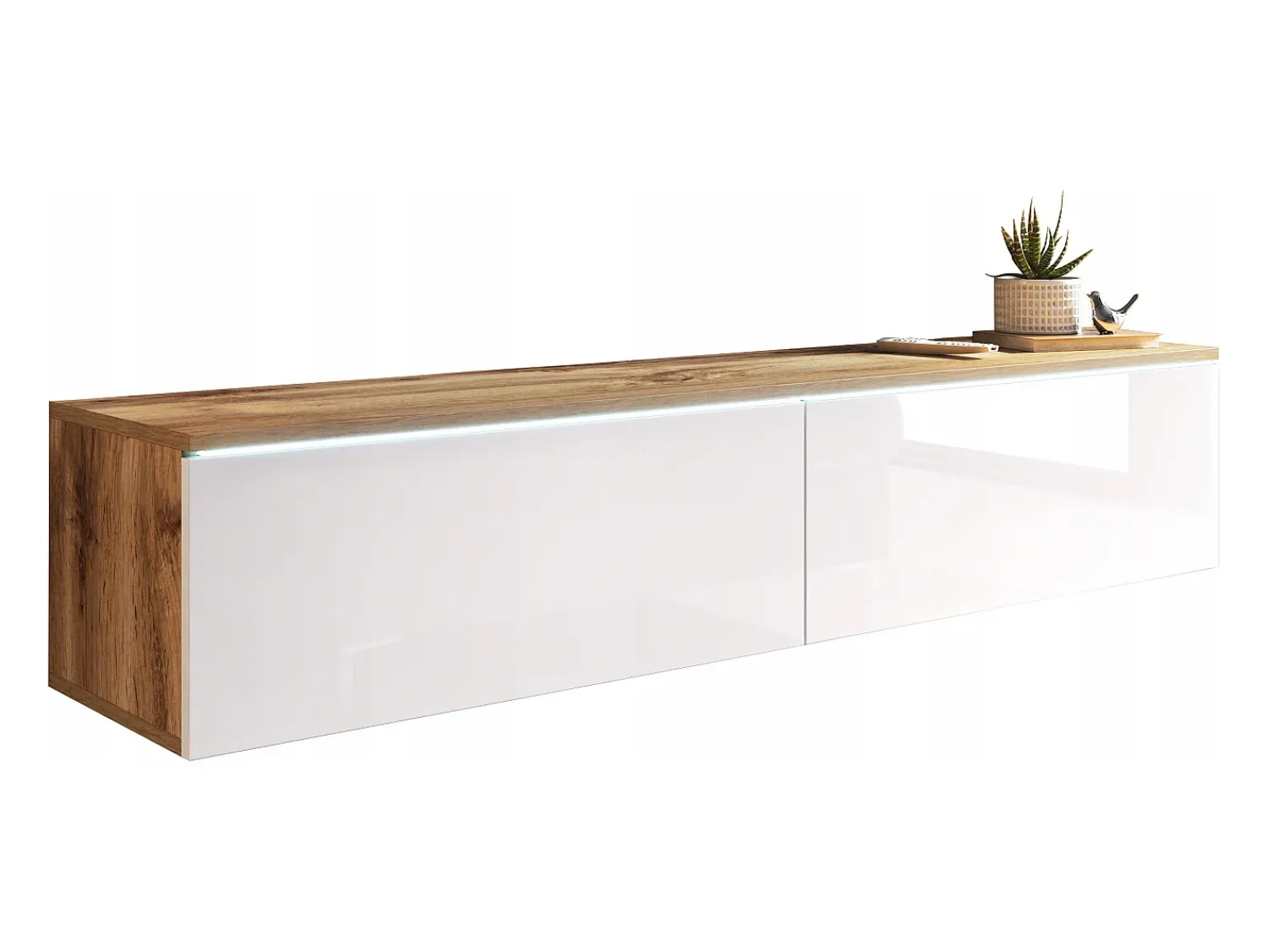 Outlet Móvel de TV moderno 140 cm com LED 2 portas, sem puxadores, corpo carvalho wotan, frentes branco brilho, de chão ou suspenso Castanho