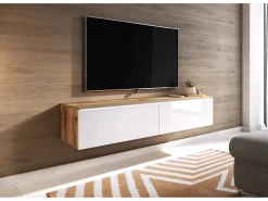 Outlet Móvel de TV moderno 140 cm com LED 2 portas, sem puxadores, corpo carvalho wotan, frentes branco brilho, de chão ou suspenso Castanho