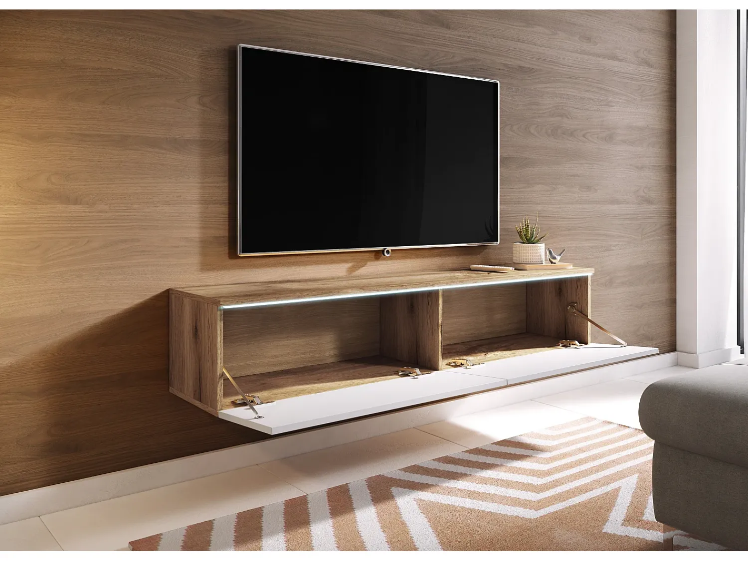 Outlet Móvel de TV moderno 140 cm com LED 2 portas, sem puxadores, corpo carvalho wotan, frentes branco brilho, de chão ou suspenso Castanho