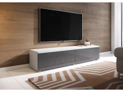 Sale Móvel de TV moderno 140 cm com LED 2 portas, sem puxadores, corpo mate, frentes cinza brilho, de chão ou suspenso Branco
