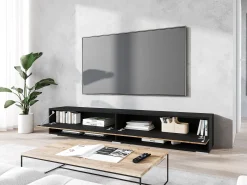 Móvel de TV moderno 180 cm com LED – corpo mate, frentes MDF carvalho Wotan espinha de peixe, sem puxadores, suspenso ou de chão^ Móvel De Tv