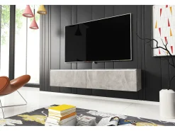 Sale Móvel de TV moderno 140 cm com LED 2 portas, sem puxadores, betão mate, de chão ou suspenso Cinzento