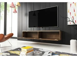 Móvel De Tv* Móvel de TV moderno 140 cm com LED 2 portas, sem puxadores, carvalho wotan, de chão ou suspenso Castanho
