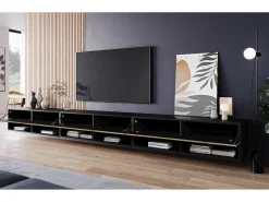 Móvel de TV moderno 300 cm com LED – corpo mate frentes MDF carvalho Wotan espinha de peixe suspenso ou de chão^ Móvel De Tv