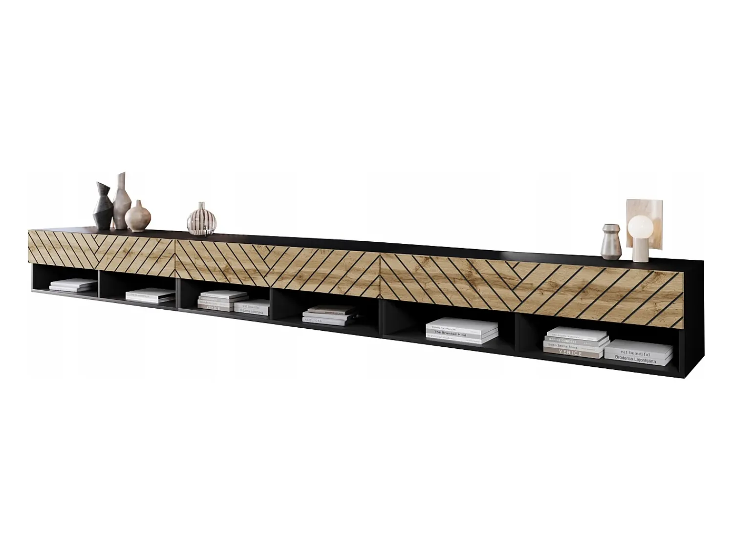 Móvel de TV moderno 300 cm com LED – corpo mate frentes MDF carvalho Wotan espinha de peixe suspenso ou de chão^ Móvel De Tv