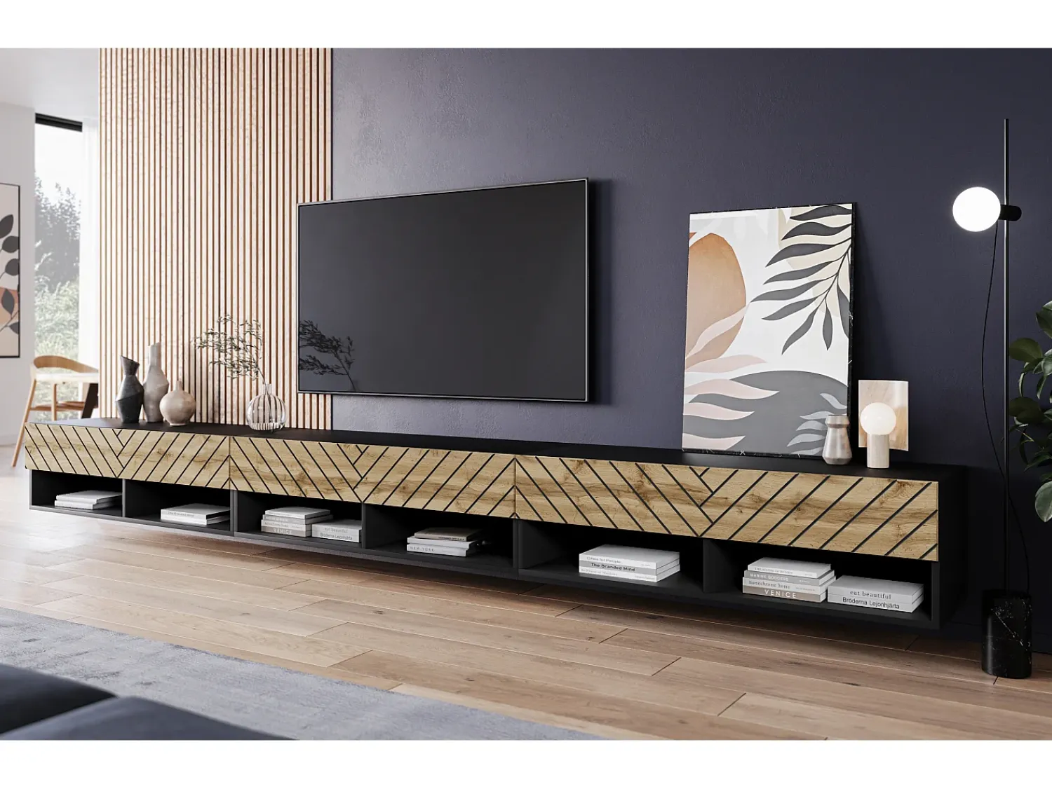Móvel de TV moderno 300 cm com LED – corpo mate frentes MDF carvalho Wotan espinha de peixe suspenso ou de chão^ Móvel De Tv