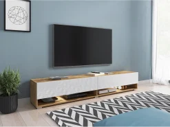 Móvel De Tv* Móvel de TV moderno 180 cm com LED sem puxadores – corpo carvalho Wotan frentes branco brilho suspenso ou de chão Castanho
