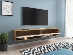 Móvel De Tv* Móvel de TV moderno 180 cm com LED sem puxadores – corpo carvalho Wotan frentes branco brilho suspenso ou de chão Castanho