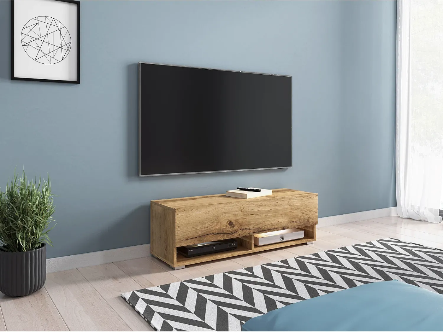 Móvel de TV moderno 100 cm com LED – sem puxadores, carvalho wotan, de chão ou suspenso^ Móvel De Tv