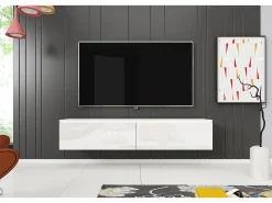 Móvel De Tv| Móvel de TV moderno 140 cm com LED 2 portas, sem puxadores, corpo mate, frentes brilho, de chão ou suspenso Branco