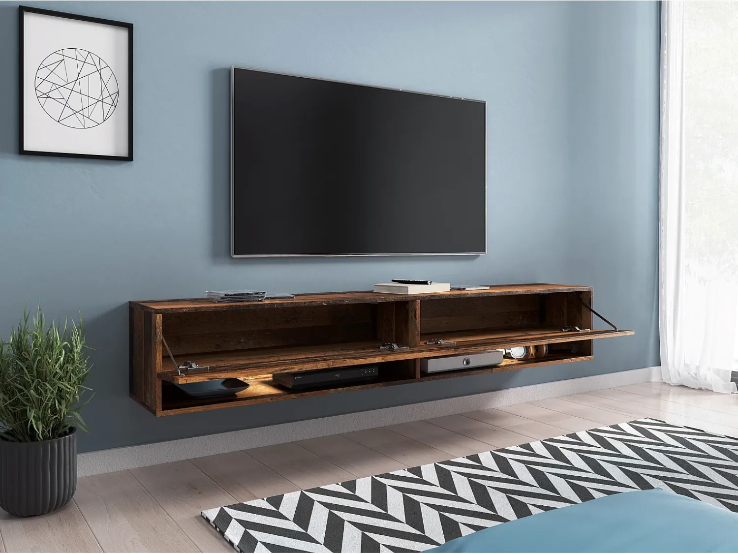 Online Móvel de TV moderno 180 cm com LED sem puxadores – old style mate suspenso ou de chão Castanho