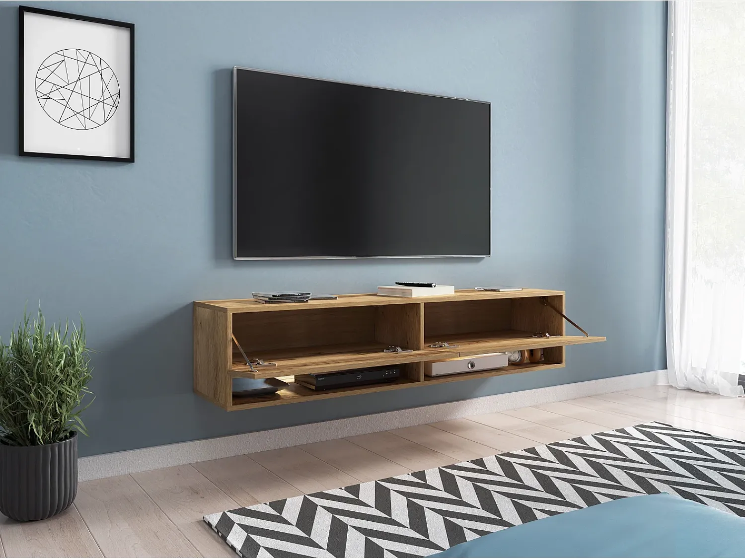 Móvel De Tv| Móvel de TV moderno 140 cm com LED sem puxadores Carvalho Wotan suspenso ou de chão 1 porta basculante 2 nichos Castanho