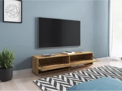 Móvel De Tv| Móvel de TV moderno 140 cm com LED sem puxadores Carvalho Wotan suspenso ou de chão 1 porta basculante 2 nichos Castanho