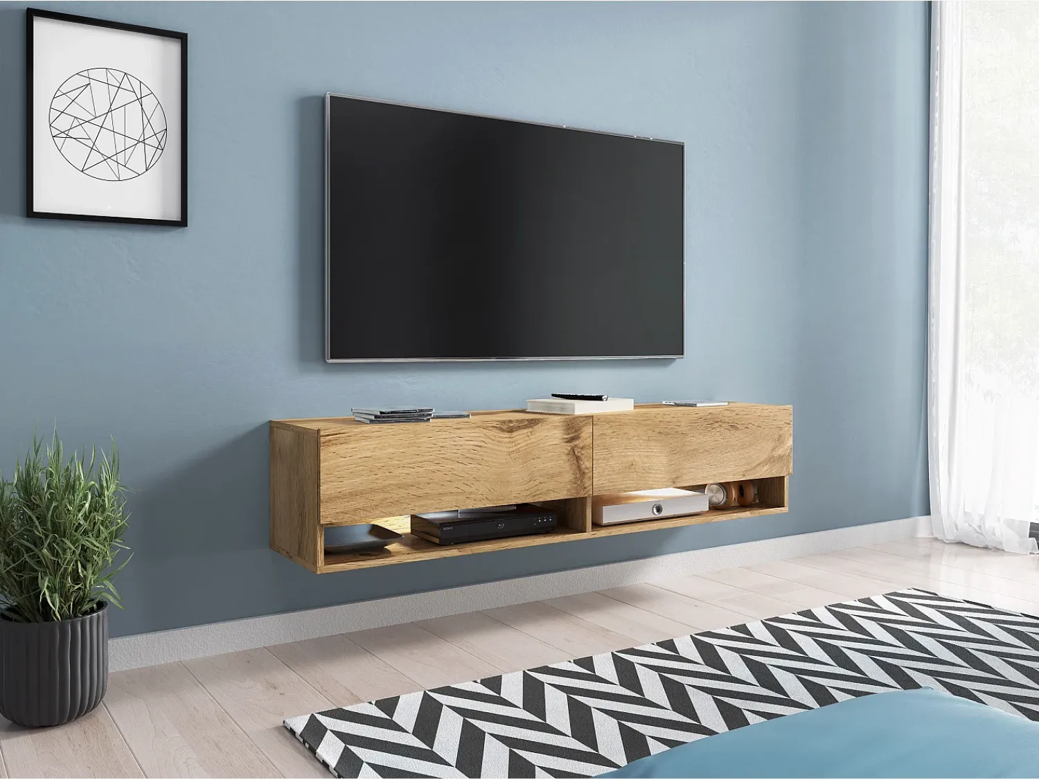Móvel De Tv| Móvel de TV moderno 140 cm com LED sem puxadores Carvalho Wotan suspenso ou de chão 1 porta basculante 2 nichos Castanho