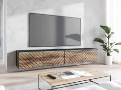 Móvel De Tv* Móvel de TV moderno 180 cm com LED para sala – 2 portas, sem puxadores, fosco, de chão ou suspenso, frentes MDF carvalho wotan espinha de peixe Preto