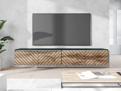 Móvel De Tv* Móvel de TV moderno 180 cm com LED para sala – 2 portas, sem puxadores, fosco, de chão ou suspenso, frentes MDF carvalho wotan espinha de peixe Preto