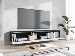 Móvel De Tv* Móvel de TV moderno 180 cm com LED para sala – 2 portas, sem puxadores, fosco, de chão ou suspenso, frentes MDF carvalho wotan espinha de peixe Preto
