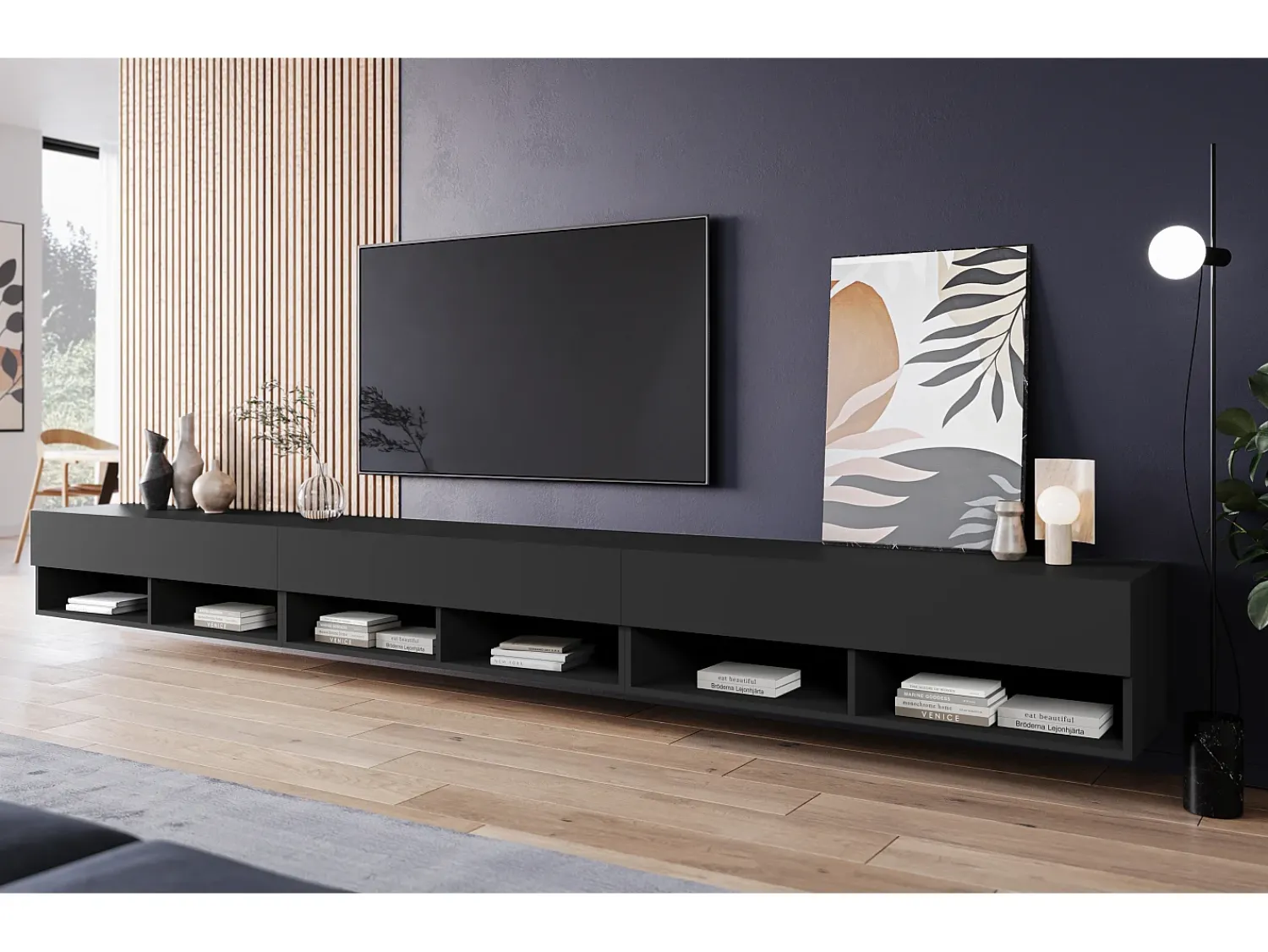 Móvel De Tv| Móvel de TV moderno 300 cm com LED – sem puxadores, mate, suspenso ou de pé Preto