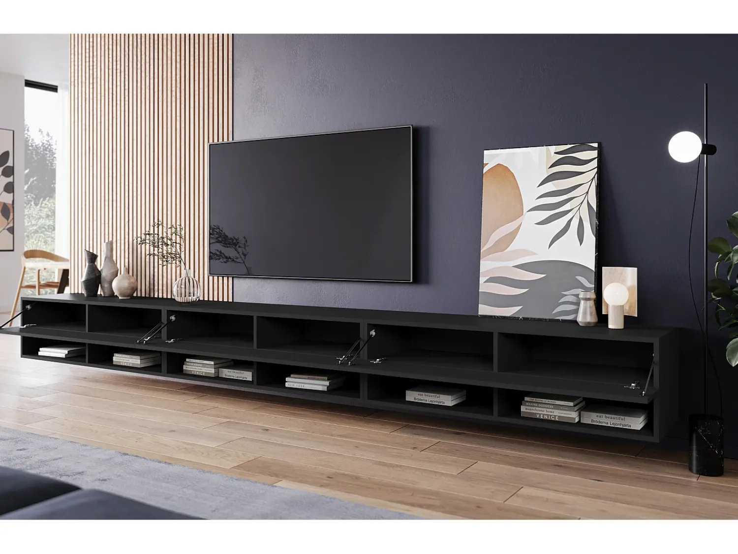 Móvel De Tv| Móvel de TV moderno 300 cm com LED – sem puxadores, mate, suspenso ou de pé Preto