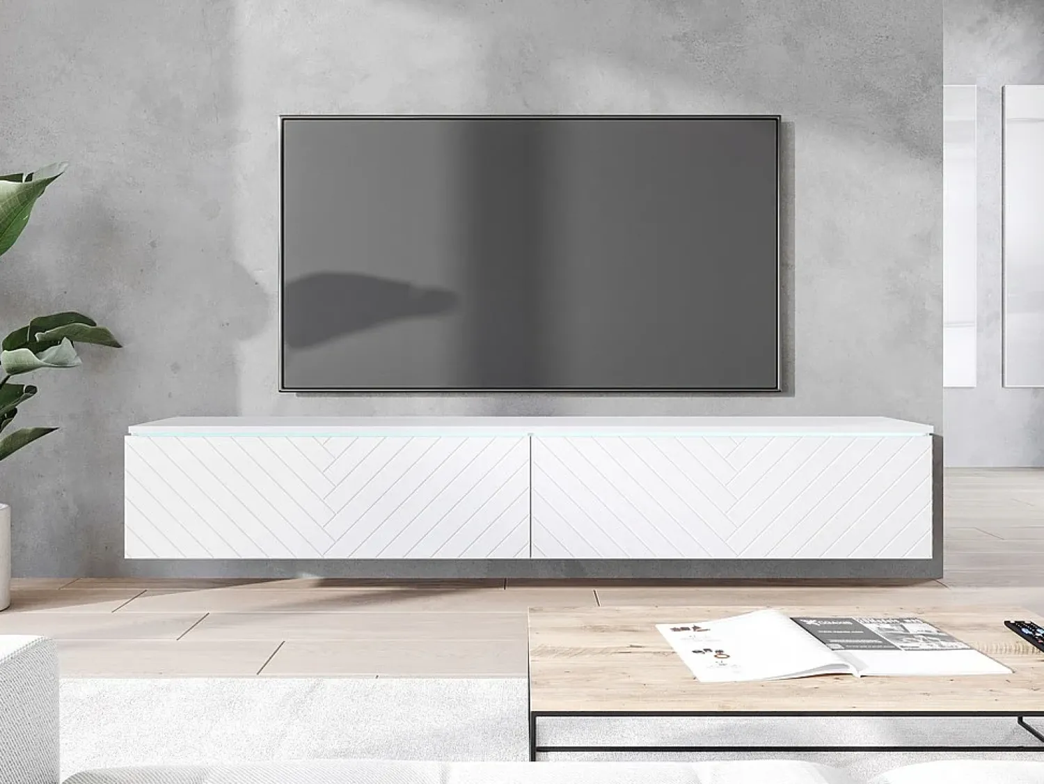 Hot Móvel de TV moderno 180 cm com LED para sala – 2 portas, sem puxadores, fosco, de chão ou suspenso, frentes MDF espinha de peixe Branco