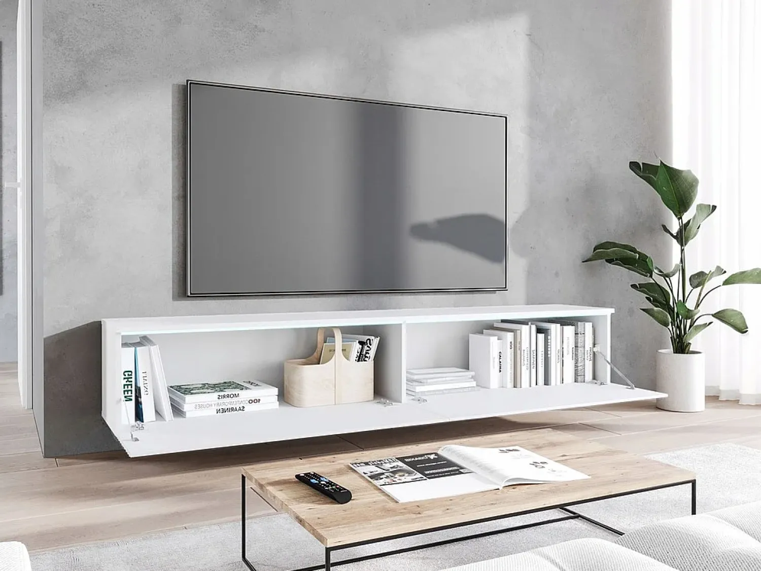 Hot Móvel de TV moderno 180 cm com LED para sala – 2 portas, sem puxadores, fosco, de chão ou suspenso, frentes MDF espinha de peixe Branco