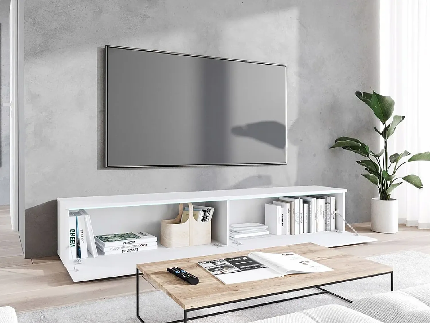 Hot Móvel de TV moderno 180 cm com LED para sala – 2 portas, sem puxadores, fosco, de chão ou suspenso, frentes MDF espinha de peixe Branco
