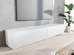 Hot Móvel de TV moderno 180 cm com LED para sala – 2 portas, sem puxadores, fosco, de chão ou suspenso, frentes MDF espinha de peixe Branco