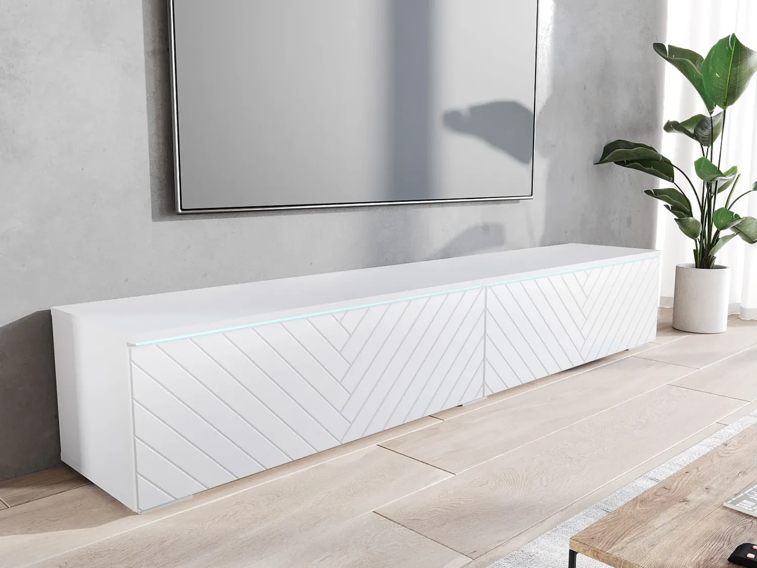 Hot Móvel de TV moderno 180 cm com LED para sala – 2 portas, sem puxadores, fosco, de chão ou suspenso, frentes MDF espinha de peixe Branco