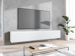 Móvel de TV moderno 180 cm com LED para sala – 2 portas, sem puxadores, fosco, de chão ou suspenso, frentes MDF ondulado^ Móvel De Tv