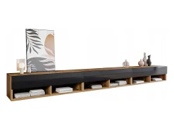 Móvel De Tv* Móvel de TV moderno 300 cm com LED – sem puxadores, corpo carvalho wotan, frentes preto brilho Polygloss, suspenso ou de pé Castanho