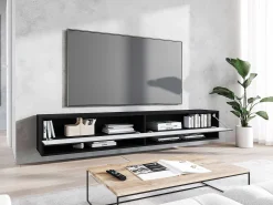 Outlet Móvel de TV moderno 180 cm com LED – corpo mate, frentes MDF ondulação, sem puxadores, suspenso ou de chão Preto