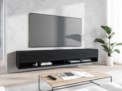 Outlet Móvel de TV moderno 180 cm com LED – corpo mate, frentes MDF ondulação, sem puxadores, suspenso ou de chão Preto