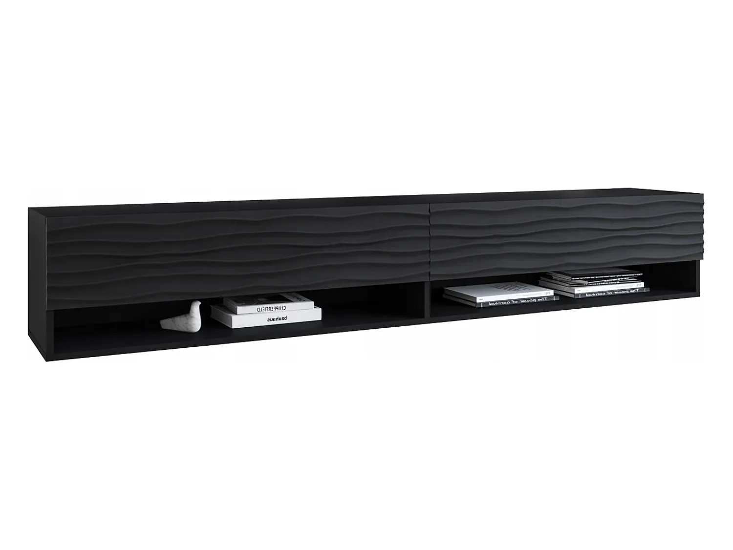 Outlet Móvel de TV moderno 180 cm com LED – corpo mate, frentes MDF ondulação, sem puxadores, suspenso ou de chão Preto