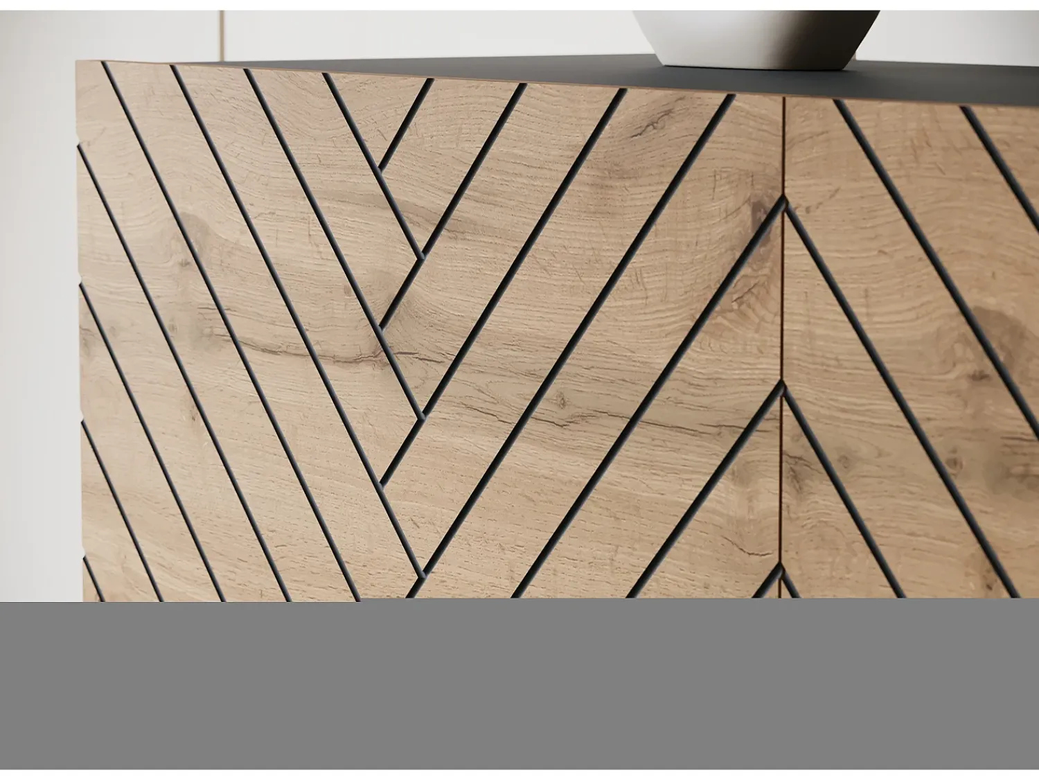 Móvel de TV moderno 190 cm grafite /carvalho wotan com pés para sala de estar, frentes em MDF fresadas em espinha de peixe^ Móvel De Tv