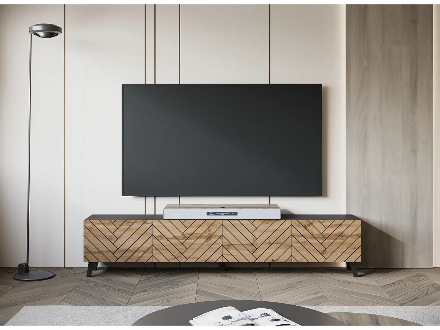 Móvel de TV moderno 190 cm grafite /carvalho wotan com pés para sala de estar, frentes em MDF fresadas em espinha de peixe^ Móvel De Tv