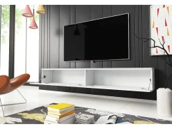 New Móvel de TV moderno 180 cm para sala com LED – 2 portas, sem puxadores, corpo fosco, frentes brilho, de chão ou suspenso Branco