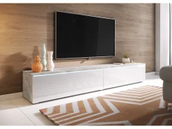 Móvel De Tv| Móvel de TV moderno 180 cm para sala com LED – 2 portas, sem puxadores, corpo betão fosco, frentes branco brilho, de chão ou suspenso Cinzento